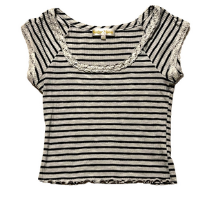 Sugar Moon Women’s Black and White Striped Lace Collar Top